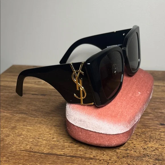 Yves Saint Laurent Black Oversized Square Sunglasses with Gold YSL Logo - Picture 1 of 6